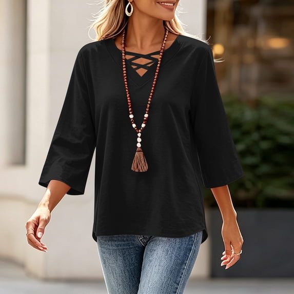 Tusihei Women V Neck 3/4 Sleeve Casual Tops Loose Fit Boho Pullover Tee Solid Basic Comfy Summer Fall Outfits Beach Blouse, Black M