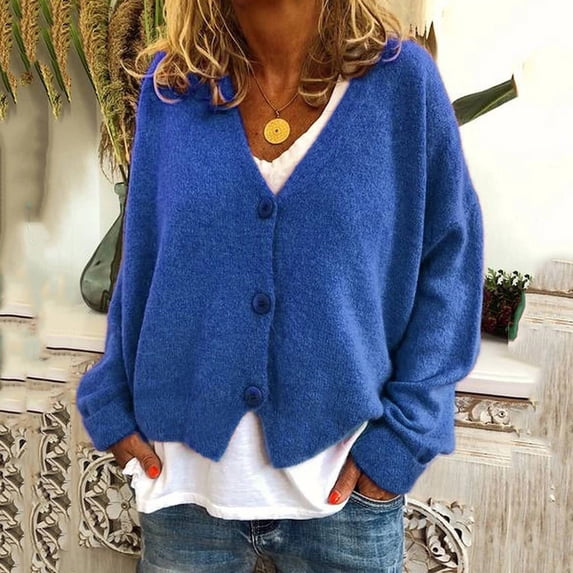 Tusihei Women V Neck Long Sleeve Cardigan Open Front Button Down Sweater Casual Loose Knit Fall Trendy Tops for Daily Wear Cozy Outwear, Blue M