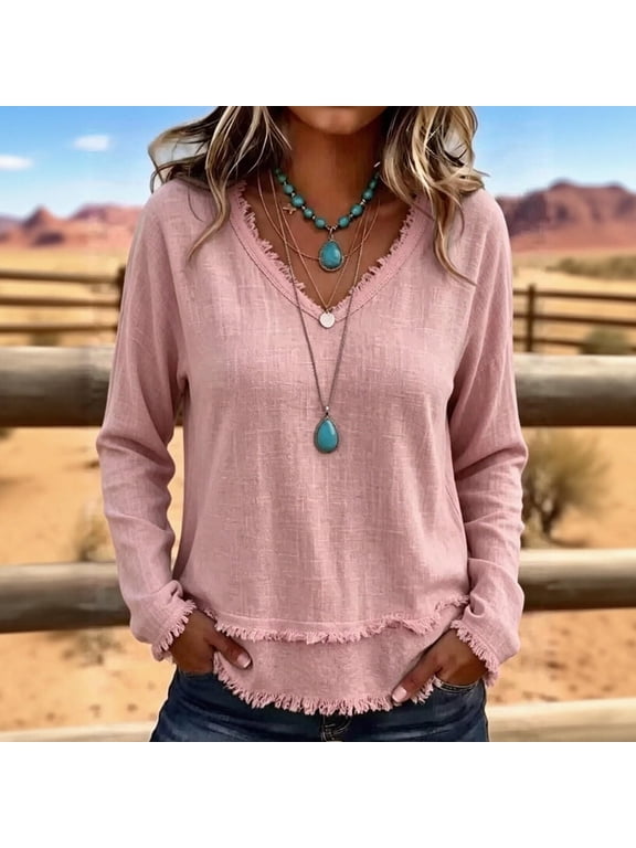 Women V Neck Long Sleeve Fringe Rough Hem Pullover Tops Boho Loose Fit Tunic Casual Blouses Trendy Flowy Shirts for Women Spring Summer, Pink M