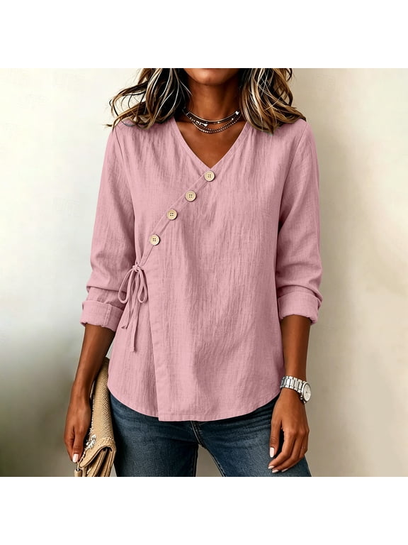 Women V Neck Loose Long Sleeve Side Tie Blouse Casual Open Front Wrap Top Boho Button Down Fall Solid Shirt, Pink 3XL