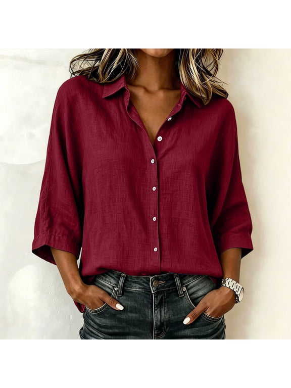 Women's Collared 3/4 Sleeve Flowy Blouse Casual Button Down Loose Fit Shirt Solid Work Travel Business Top Office Shirt, Wine 2XL
