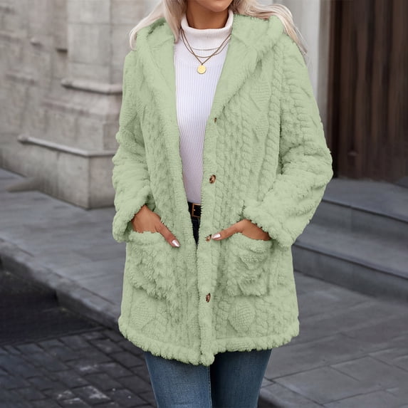 Tusihei Women's Collared Hooded Long Sleeve Fuzzy Coat Warm Button Down Cardigan Outerwear Casual Fall Winter Solid Sweater Jacket, Green L