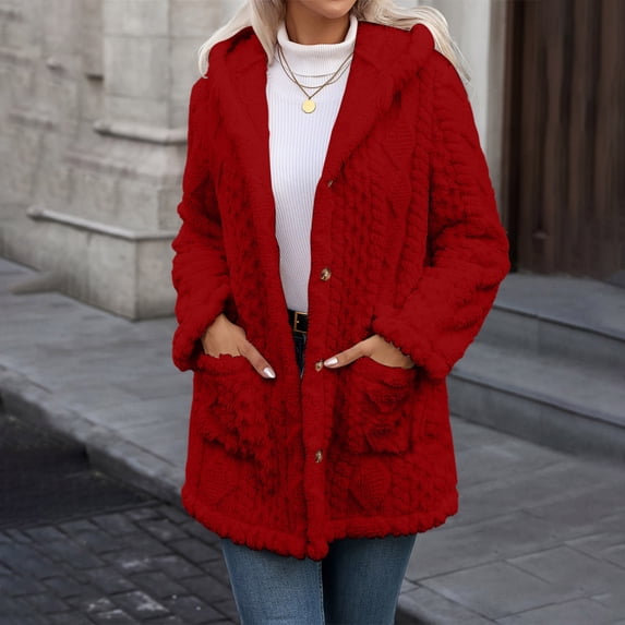 Tusihei Women's Collared Hooded Long Sleeve Fuzzy Coat Warm Button Down Cardigan Outerwear Casual Fall Winter Solid Sweater Jacket, Red S