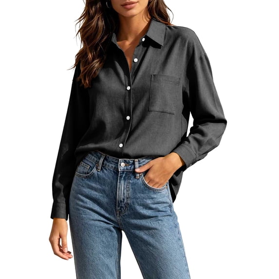 Tusihei Women's Collared Long Sleeve Button Down Shirt Work Top with Pocket Casual Solid Blouse Fall Spring Office Tunic Tee, Black S