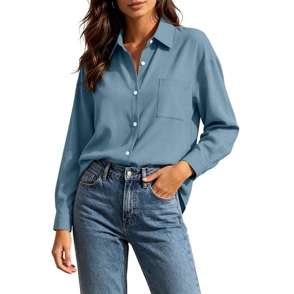 Tusihei Women's Collared Long Sleeve Button Down Shirt Work Top with Pocket Casual Solid Blouse Fall Spring Office Tunic Tee, Blue XL