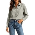 thumbnail image 1 of Tusihei Women's Collared Long Sleeve Button Down Shirt Work Top with Pocket Casual Solid Blouse Fall Spring Office Tunic Tee, Gray L, 1 of 6