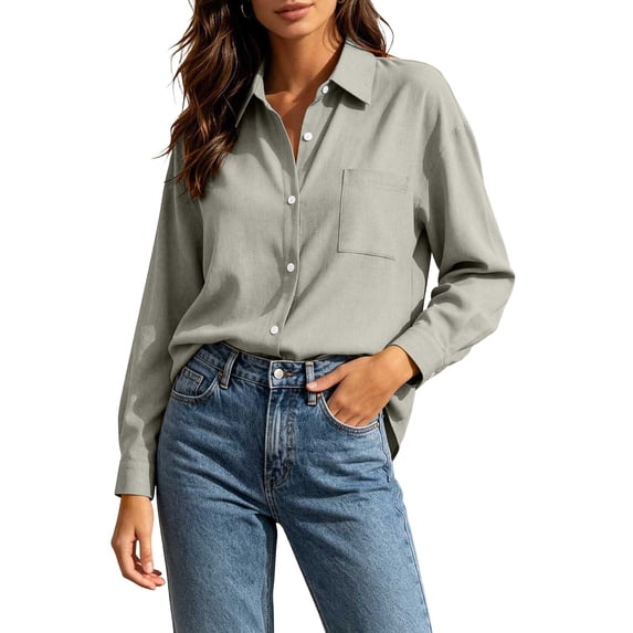 Tusihei Women's Collared Long Sleeve Button Down Shirt Work Top with Pocket Casual Solid Blouse Fall Spring Office Tunic Tee, Gray L