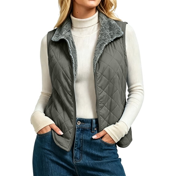 Tusihei Women's Collared Sleeveless Jacket Zip Up Outerwear Solid Casual Basic Vest Warm Fall Winter Layering Piece, Gray XL