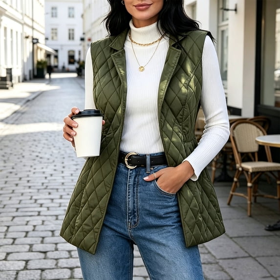 Tusihei Women's Collared Sleeveless Vest Casual Loose Fit with Pockets Fall Winter Basic Jacket Coat Outerwear, Army Green L