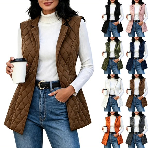 Tusihei Women's Collared Sleeveless Vest Casual Loose Fit with Pockets Fall Winter Basic Jacket Coat Outerwear, Brown 3XL