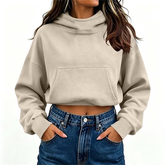 Tusihei Women's Cropped Hoodie Casual Long Sleeve Pullover Sweatshirt Solid Slim Fit Trendy Basic Tops Fall Winter Daily Outfits Streetwear, Beige S