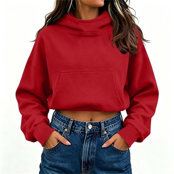 Tusihei Women's Cropped Hoodie Casual Long Sleeve Pullover Sweatshirt Solid Slim Fit Trendy Basic Tops Fall Winter Daily Outfits Streetwear, Red 2XL
