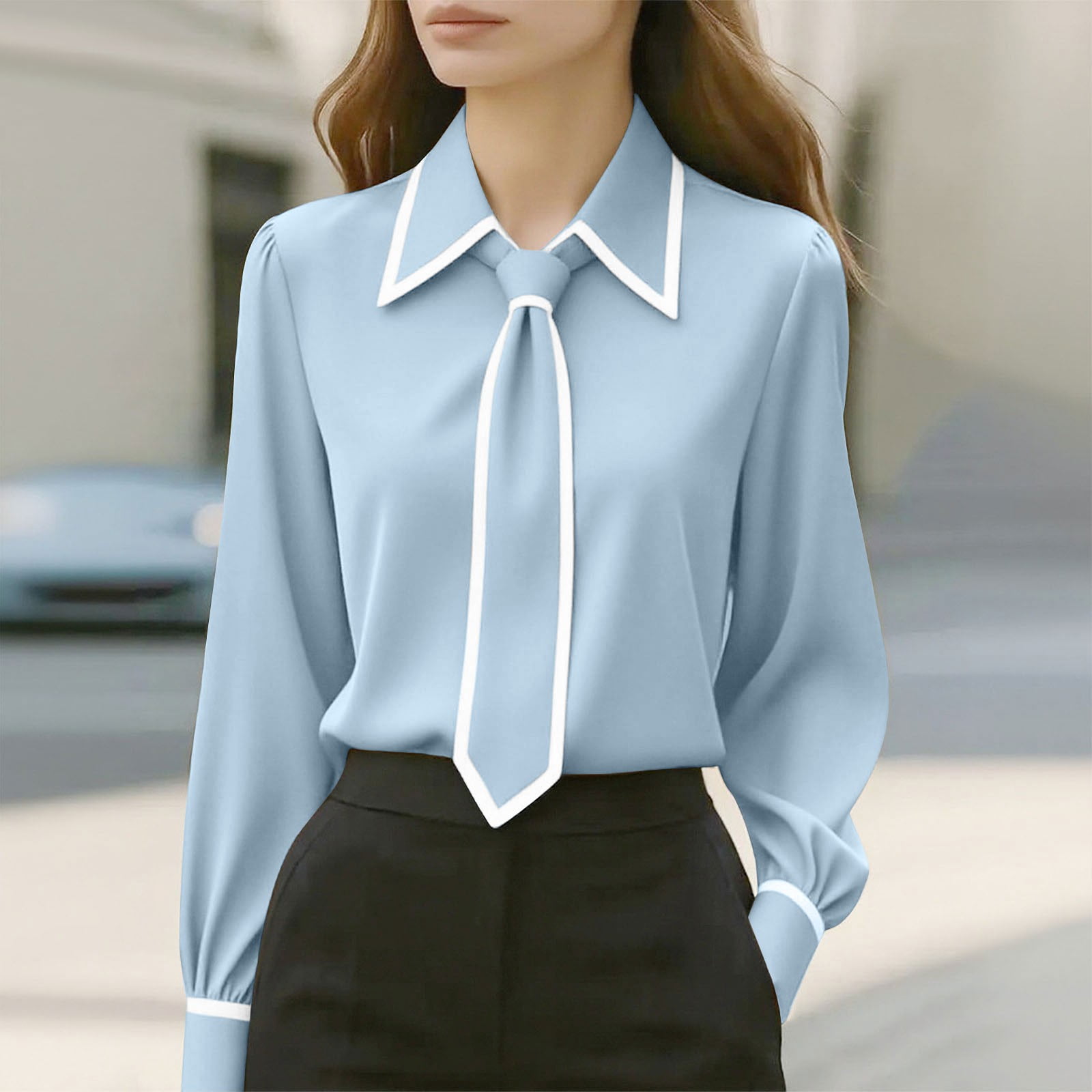 Tusihei Women's Elegant Long Sleeve Blouse Contrast Tie Collared Top ...