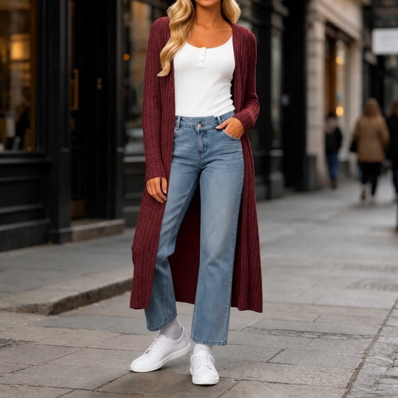 Tusihei Women's Fall Winter Long Sleeve Knitted Cardigan Open Front Casual Boho Duster Cover Up Solid Knit Sweater Jacket for Layering Outdoor, Wine L
