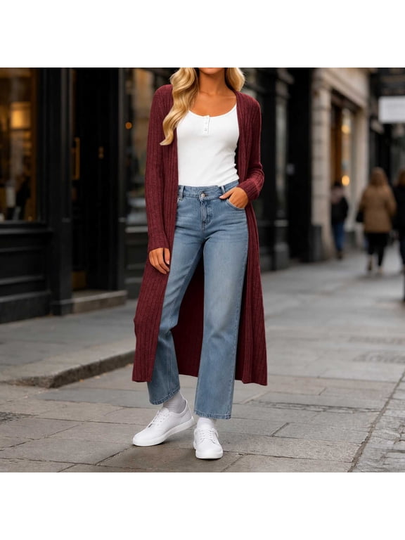 Women's Fall Winter Long Sleeve Knitted Cardigan Open Front Casual Boho Duster Cover Up Solid Knit Sweater Jacket for Layering Outdoor, Wine L