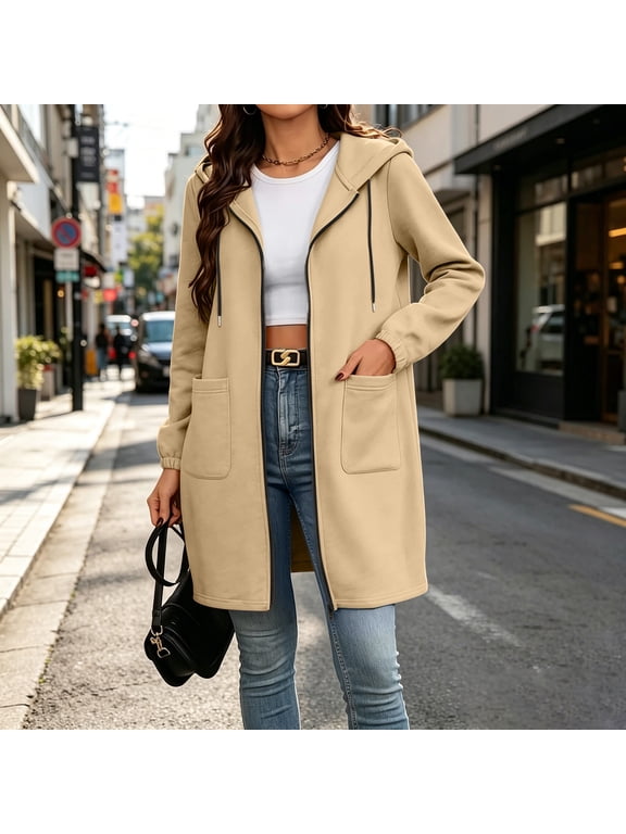 Women's Hooded Long Sleeve Zip Up Hoodies Casual Solid Shacket Jacket Long Drawstring Outwear Fall Winter Basic Coat Outfits, Khaki M