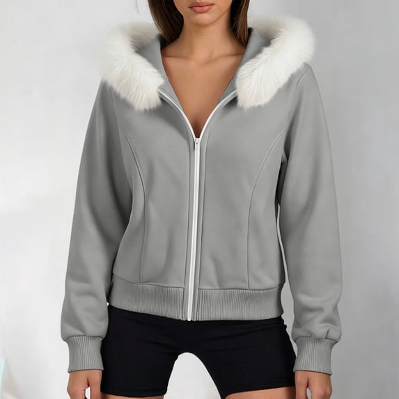 Tusihei Women's Hooded Zip Up Faux Fur Trim Vintage Fleece Jacket Casual Warm Solid Slim Blazer Outwear for Fall Winter, Gray 2XL