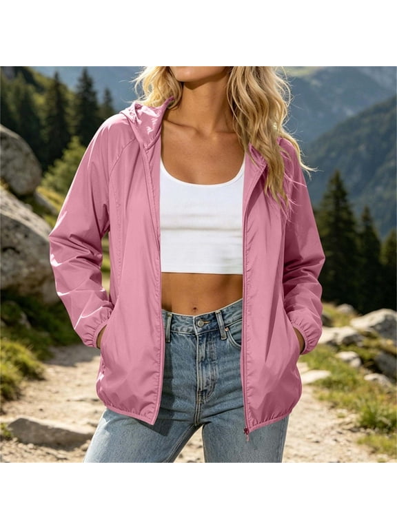 Women's Lightweight Zip Up Hooded Jacket Casual Solid Windbreaker Outdoor Raincoat Fall Spring Travel Hiking Daily Wear, Pink 2XL