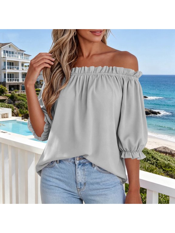 Women's Off Shoulder Puff Sleeve Ruffle Blouse Boho Casual Loose Fit Pullover Tunic Top Summer Fall Beach Vacation Outfits, Gray 2XL
