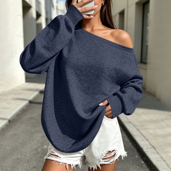 Tusihei Women's Off Shoulder Sweatshirt Long Sleeve Flowy Casual Pullover Tops Solid Basic Loose Sweater Fall Clothes Trendy Streetwear, Navy S