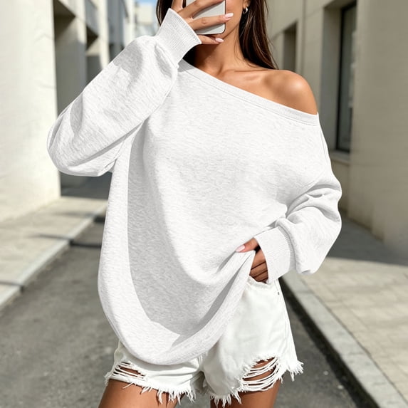 Tusihei Women's Off Shoulder Sweatshirt Long Sleeve Flowy Casual Pullover Tops Solid Basic Loose Sweater Fall Clothes Trendy Streetwear, White M