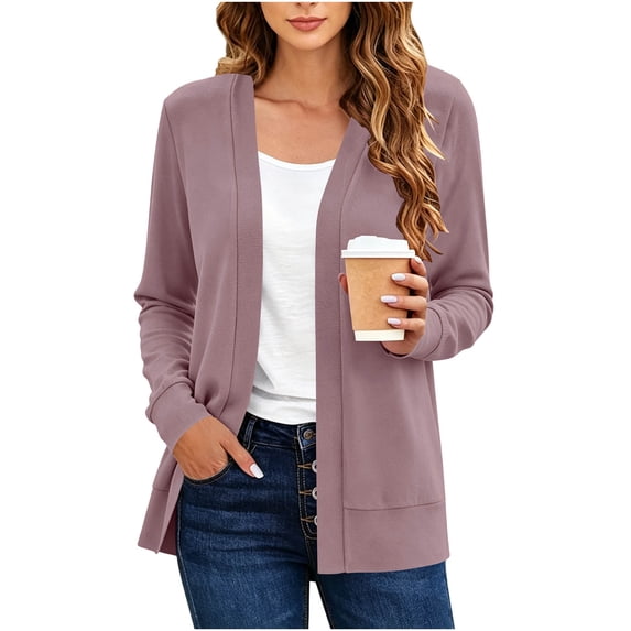 Tusihei Women's Open Front Cardigan Long Sleeve Button Down Lightweight Work Cardigan Jacket Casual Basic Coat Fall Winter Layering Outwear, Purple S