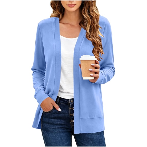Tusihei Women's Open Front Cardigan Long Sleeve Button Down Lightweight Work Cardigan Jacket Casual Basic Coat Fall Winter Layering Outwear, Light Blue 2XL