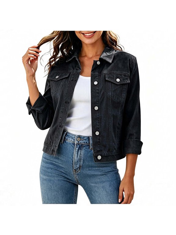 Women's Oversized Denim Trucker Jacket Long Sleeve Collared Button Down Shacket Casual Fall Spring Coat Women Loose Fit Jean Outerwear for Daily Wear, Black M