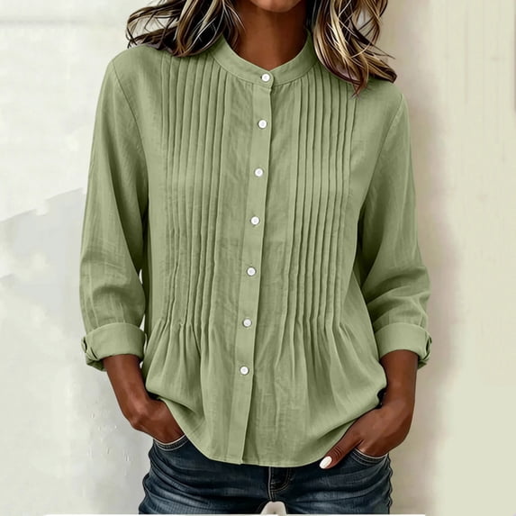 Tusihei Women's Pintuck Blouse Button Down Long Sleeve Casual Solid Office Wear Basic Shirt for Work, Business, Daily Fashion Tops, Green S