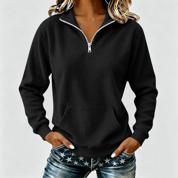 Tusihei Women's Quarter Zip Sweatshirt Casual Long Sleeve Pullover Tops Basic Sweater Dressy Blouse Tunic Fall Fashion Outfits Cozy Layering Top, Black 2XL