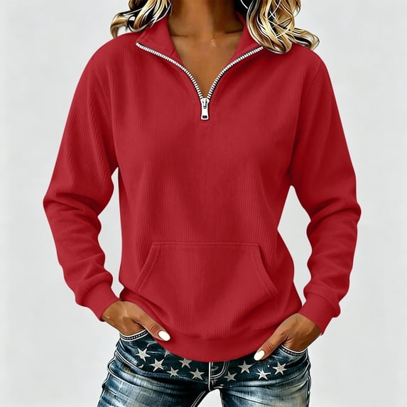 Tusihei Women's Quarter Zip Sweatshirt Casual Long Sleeve Pullover Tops Basic Sweater Dressy Blouse Tunic Fall Fashion Outfits Cozy Layering Top, Red M