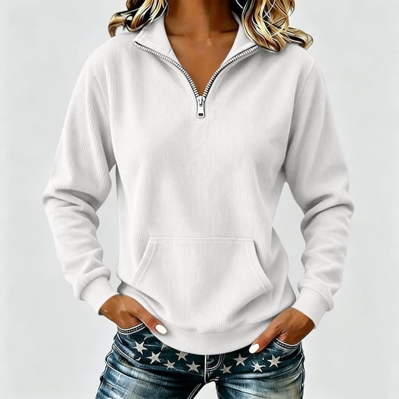 Tusihei Women's Quarter Zip Sweatshirt Casual Long Sleeve Pullover Tops Basic Sweater Dressy Blouse Tunic Fall Fashion Outfits Cozy Layering Top, White 2XL