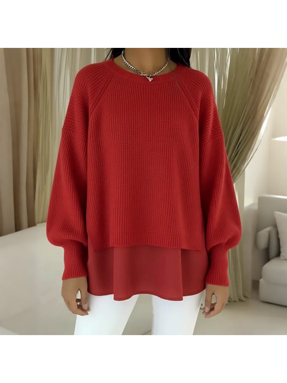 Women's Round Neck Long Sleeve Knitted Patchwork Sweater Faux Two-Piece Lantern Sleeve Pullover Casual Layered Knit Top Cozy Fall Winter Tunic Blouse Streetwear, Red 2XL