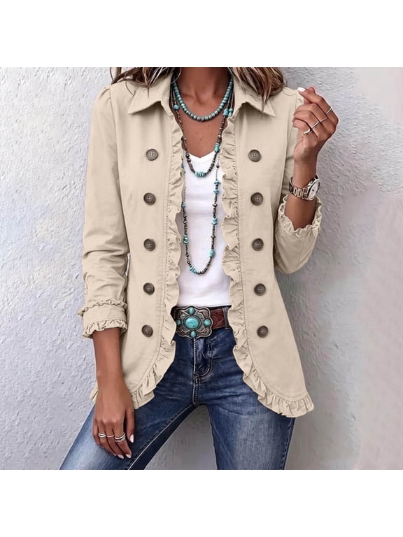 Women's Ruffle Long Sleeve Shacket Button Down Open Front Casual Blazer Sweater Coat Loose Fall Outwear, Beige L