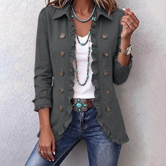 Tusihei Women's Ruffle Long Sleeve Shacket Button Down Open Front Casual Blazer Sweater Coat Loose Fall Outwear, Dark Gray S