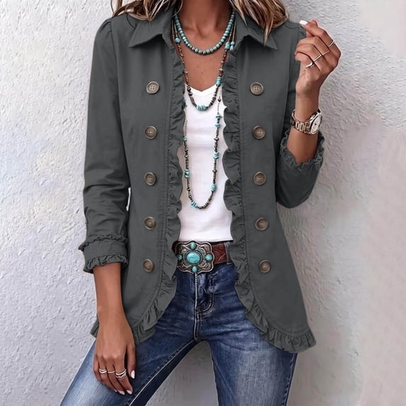 Grey Ruffle Sweater Tusihei Women's Ruffle Long Sleeve Shacket Button Down Open Front ...