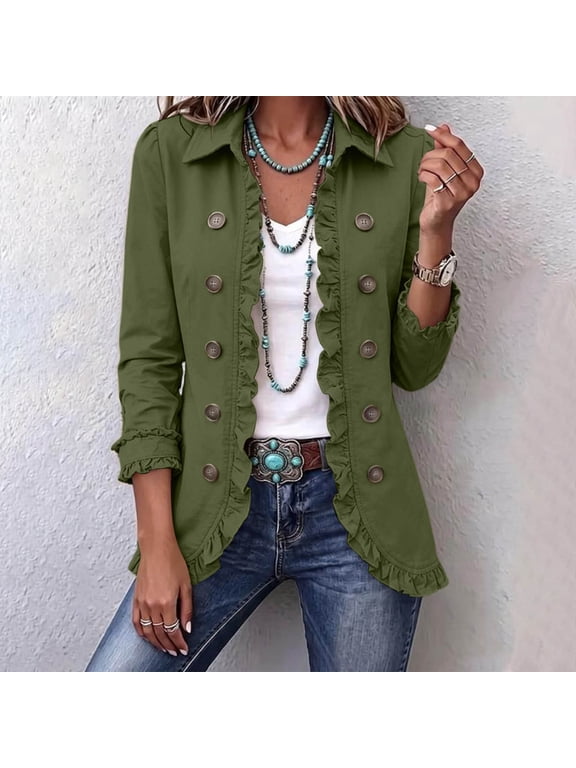 Women's Ruffle Long Sleeve Shacket Button Down Open Front Casual Blazer Sweater Coat Loose Fall Outwear, Green S