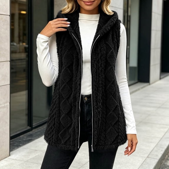 Tusihei Women's Sleeveless Hooded Zip Up Fleece Vest Lightweight Warm Jacket Casual Solid Long Outerwear for Daily Wear Comfortable Layering Piece, Black M
