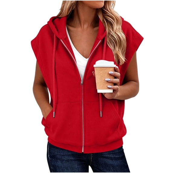 Tusihei Women's Sleeveless Zip Up Hoodies Loose Fit Lightweight Casual Sweatshirts Solid Basic Trendy Outfit Summer Layering Workout Lounge Top, Red S