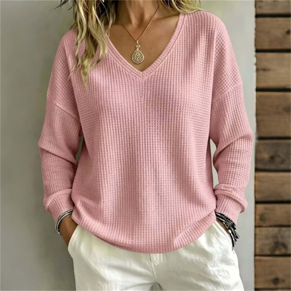 Tusihei Women's V-Neck Long Sleeve Knitted Pullover Tops Solid Loose Casual Sweater Fall Winter Blouse Cozy Knitwear for Office Daily Wear, Pink XL