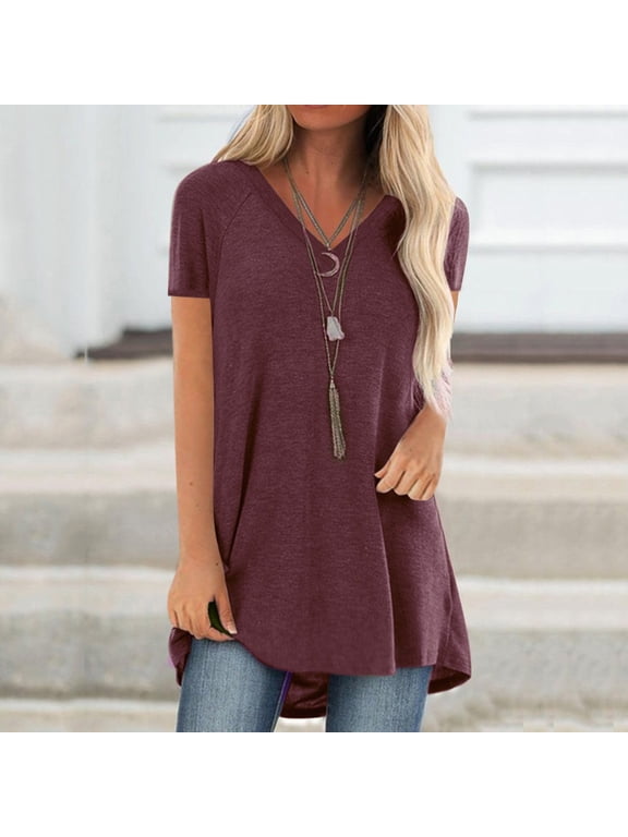 Women's V Neck Short Sleeve Loose T-Shirt Summer Casual Basic Pullover Flowy Top Plus Size Beach Blouse Tee, maroon S