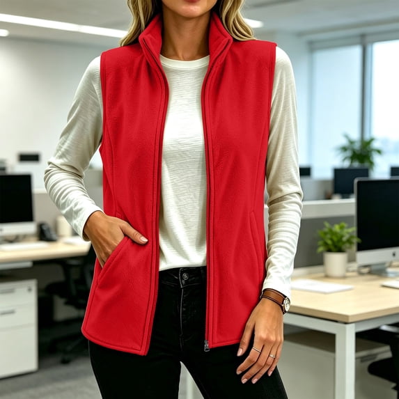 Tusihei Women's Zip Up Fleece Vest Collared Sleeveless Warm Soft Casual Outerwear Solid Basic Coat for Fall Winter Layering, Red XL