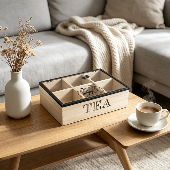 Tusihei Wooden Tea Storage Box, Divided Compartment Organizer with Lid and Clear Top Window, Multi-Functional Storage Box Tea Bag Holder for Home Cabinet, Office Pantry