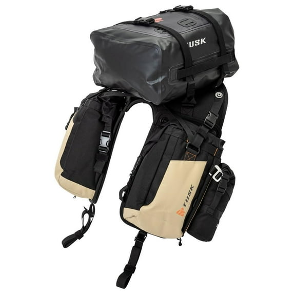 Tusk Excursion Rackless Luggage System w/ Small Dry Duffel & Bottle Holders Standard Heat Shield Black/Tan For Kawasaki KLR650 S 2023-2024