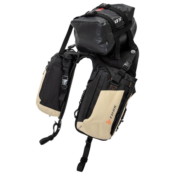 Tusk Excursion Rackless Luggage System w/X-Small Dry Duffel Tail Bag Standard Heat Shield Black/Tan For KTM 390 Adventure SW 2023-2024