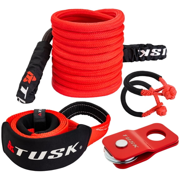 Tusk Heavy Duty UTV/ATV Kinetic Recovery Kit with Kinetic Rope (5/8 x 20) Tree Strap (3" x 8") Forged Steel Snatch Block and Two Soft Shackles (Stage 3, Steel)