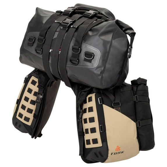 Tusk Highland X2 Rackless Luggage System w/Medium Dry Duffel/Large Bottle Holders Standard Heat Shield Black/Tan For Suzuki V-Strom 1000XT Adventure 2019