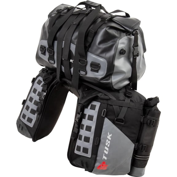 Tusk Highland X2 Rackless Luggage System w/Medium Dry Duffel/Large Bottle Holders Standard Heat Shield For Kawasaki KLR650 Traveler ABS 2022
