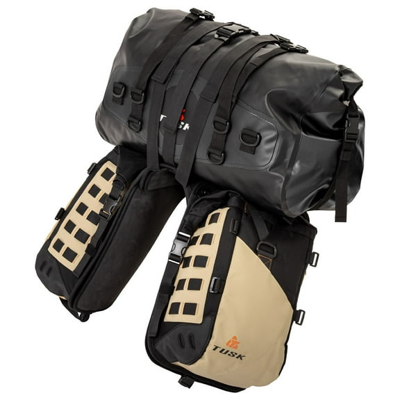 Tusk Highland X2 Rackless Luggage System w/Medium Dry Duffel Tail Bag Standard Heat Shield Black/Tan For CFMOTO IBEX 800 S 2023-2024