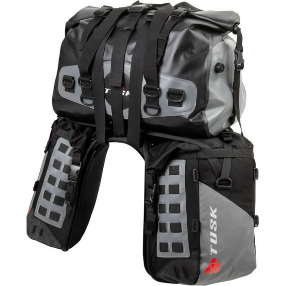 Tusk Highland X2 Rackless Luggage System w/Medium Dry Duffel Tail Bag Standard Heat Shield Black/Grey For Kawasaki KLX300SM 2021-2024